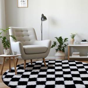 Super Soft Rug, Round Rug for Bedroom, 4X4 Ft Black and White Checkered Round Rug Non-Slip High Pile Cute Soft Fluffy Rug for Living Room Bedroom Kids Room