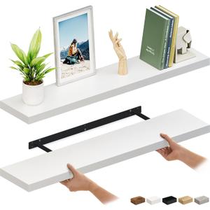 Ballucci Floating Shelves for Wall, 48" Wood Wall Shelf Set of 2, with Invisible Brackets for Bathroom, Living Room, Bedroom, Kitchen, Nursery, 8" Deep, White