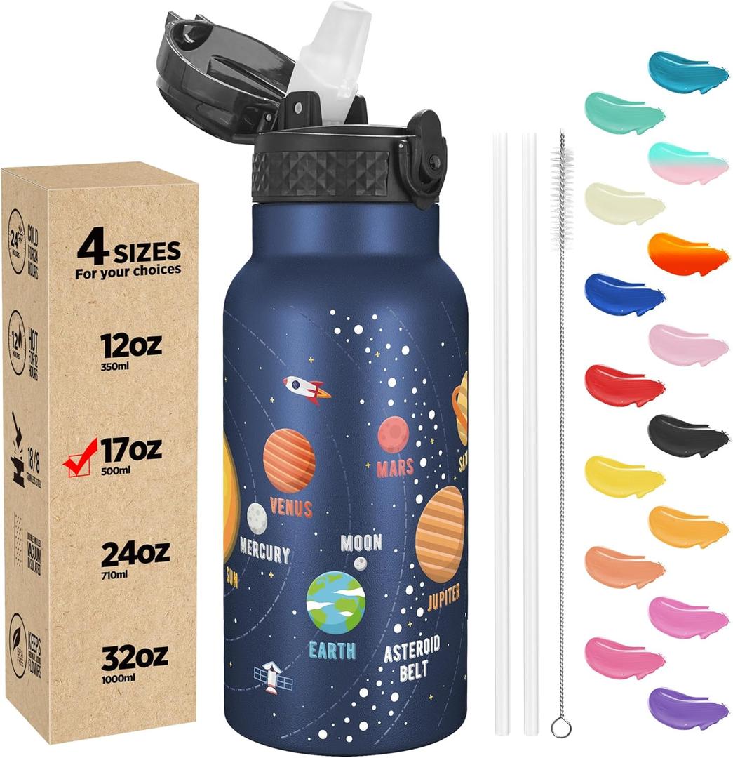 Han's Bottle Kids Water Bottle with Straw Lid - Insulated Stainless Steel Reusable Tumbler for Girls,Boys,Thermo Mug,17oz,Space Planet