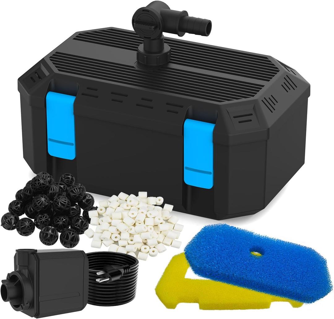 550GPH Pond Filter Pump with 4-Stage Filtration, Fish Pond Filter for Outdoor Ponds 350-500 Gal, Pond Pump Filter Box for Garden, Waterfall, Fountain, Water Feature
