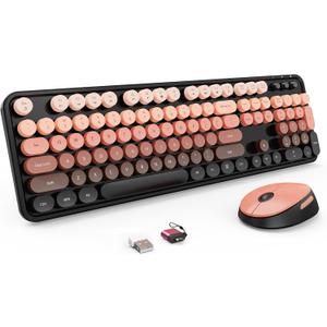 Wireless Keyboard and Mouse Combo, Retro Typewriter Keyboard with Round Keycaps, Full-Size Ergonomic, Aurora Red, Ideal for Windows PC, Home, Office, and College