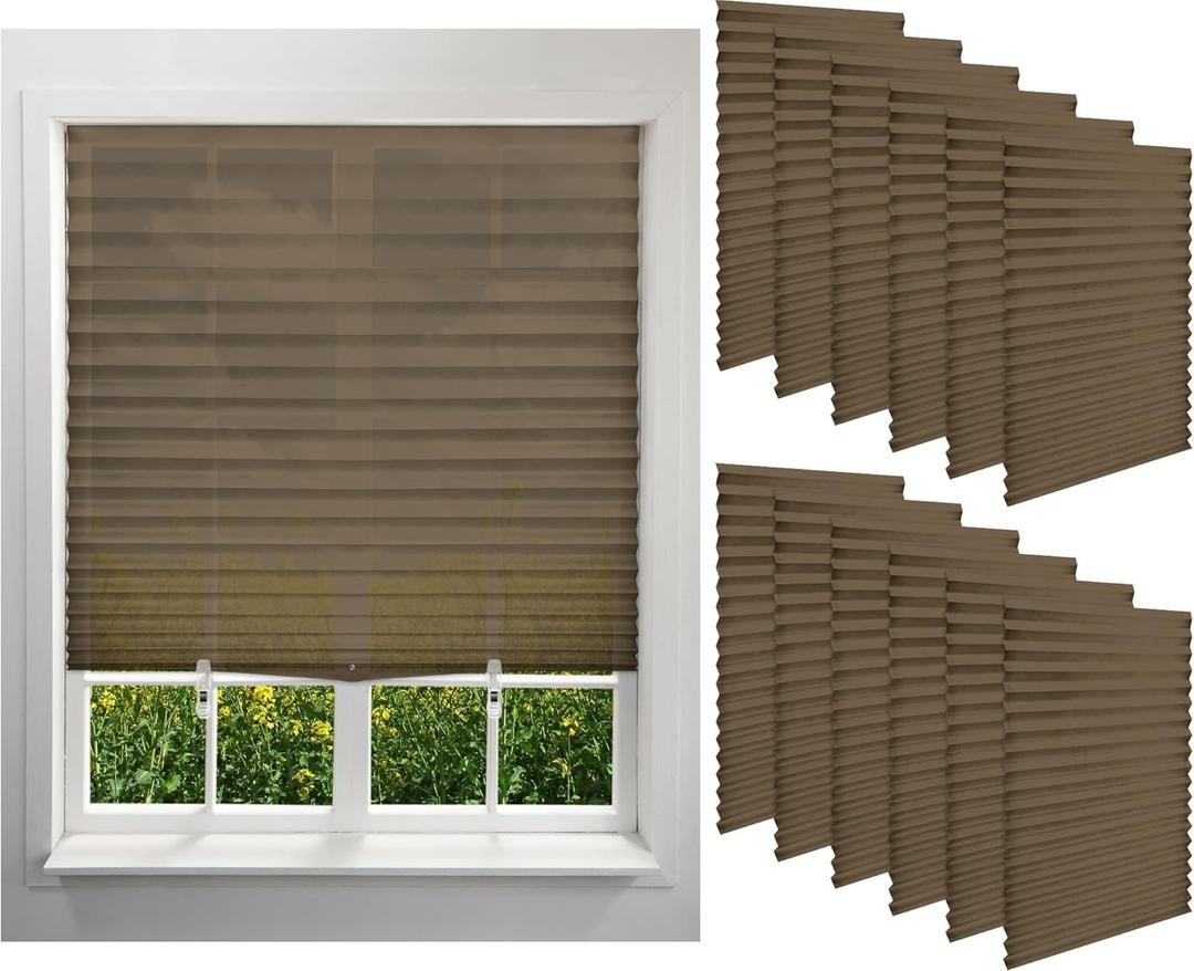 Kigley 12 Pack Filtering Temporary Blinds for Windows, 35 x 71 Inch Cordless Light Filtering Fabric Shade Self Adhesive Window Shade, Easy to Cut and Install, with 24 Clips(Brown)