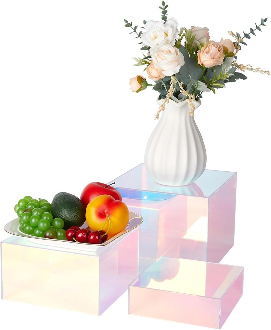 3Pcs Iridescent Risers Display Stands, Stackable Acrylic Cubes Display Box, Nesting Rainbow Showcase for Collectibles Figures Jewelry Perfume Handbag Dessert Party, Neon Food Buffet Riser
