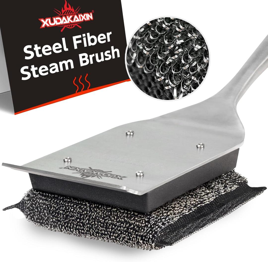 XUDKAKAIXIN Grill Brush Bristle Free, with 1 Replacement Head, Unique Steel Fibers Pad [Safe & Efficient] Perfect for Cast Iron/Stainless-Steel Grates-,Grill Cleaner for Outdoor Gril, Gifts for Men/Dad