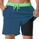 SILKWORLD Mens Swim Trunks with Compression Liner 2 in 1 Quick Dry Bathing Suit Beach Shorts with Zipper Pockets (Large, Peacock Blue)