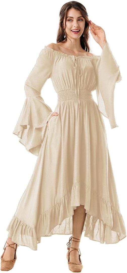 Scarlet Darkness Renaissance Faire Costume Women Off Shoulder Long Bell Sleeve High Low Dress XL