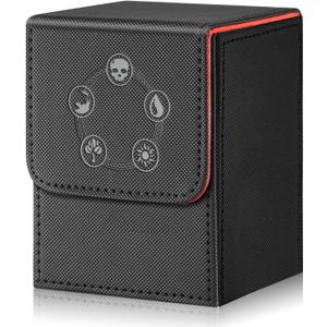 Card Deck Box for Trading Cards,Card Storage Box Fits 120+ Single Sleeved Cards, PU Leather Strong Magnet Card Deck Case Holder for Magic Commander TCG CCG (Black-RED)