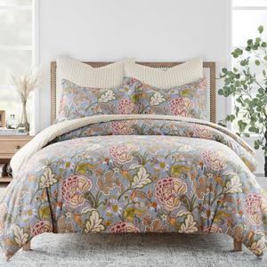 Levtex Home Angelica Reversible Full/Queen Comforter Set (90x94in) with 2 Pillowcases (26x20in) - Floral Bedding - Blue Grey, Coral - 100% Cotton Full/Queen Size Comforter Set - Soft, Pre-Washed