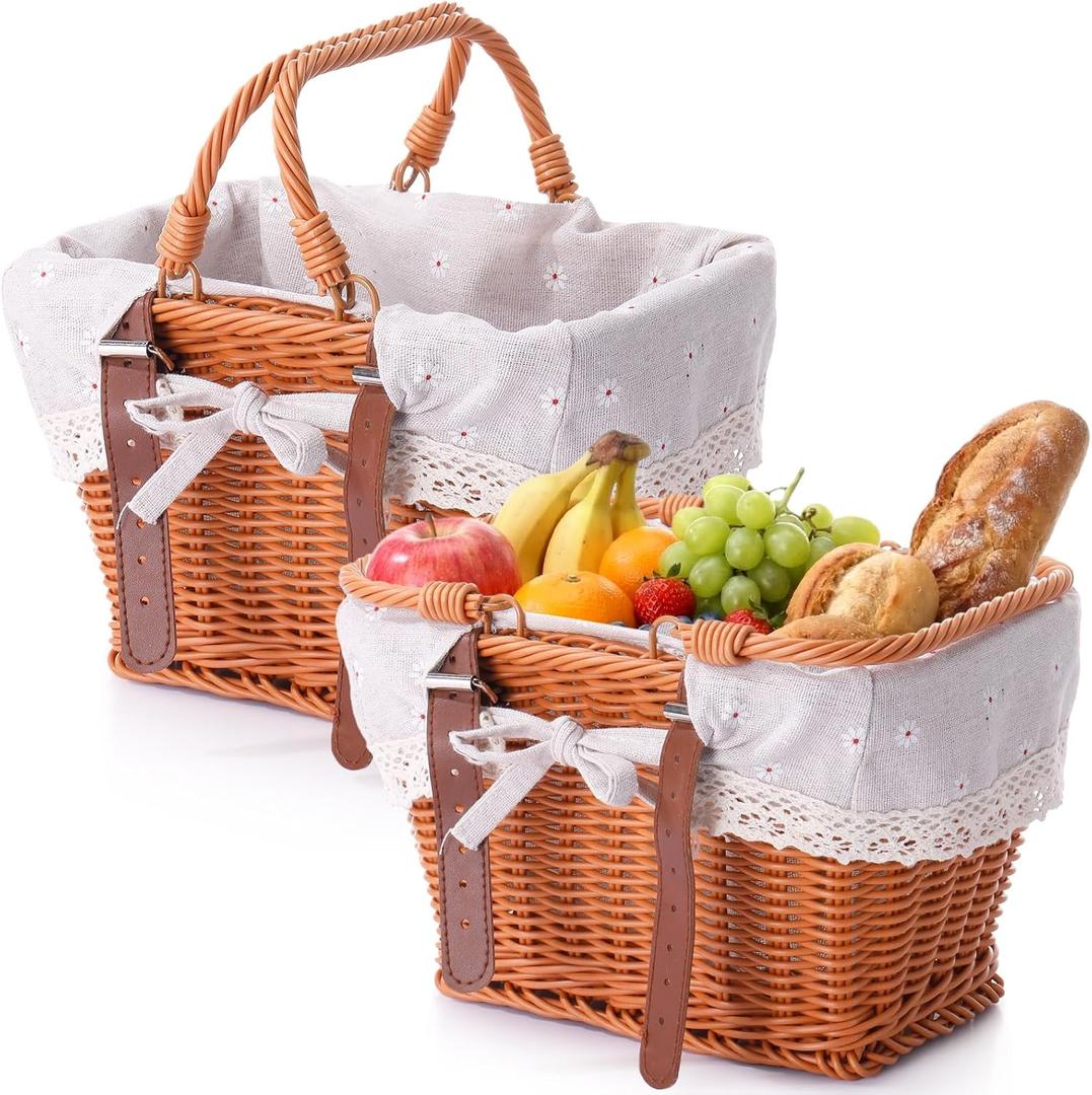 2 Pack Natural Wicker Picnic Basket, Woven Rattan Basket with Handles and Removable Garden Harvest Hamper Storage Empty for Wedding Baby Shower Picnics Gifts Candy Fruit Storage(Dark Brown)