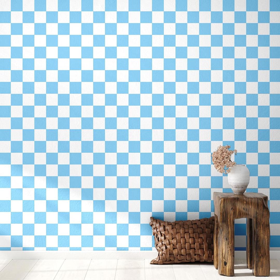 Drydiet Blue Checkered Peel and Stick Wallpaper Gingham Plaid Funky Checkered Contact Paper Waterproof Vintage Wallpaper Checkerboard Decor for Bathroom Cabinet(15.75'' x 118")