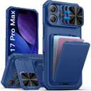 SSLOTSCASE for iPhone 17 Pro Max Case with Stand & Credit Card Holder & Sliding Camera Cover & Camera Stand & Wallet, Rugged Silicone Edge Protective Case Cover for iPhone 17 Pro Max 6.9'' 2025, Blue