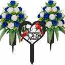 XunYee 3 Pcs Father's Day Memorial Dad Cemetery Decorations Artificial Cemetery Flowers Heart Cardinals Memorial Grave Markers Stake White Blue Rose Funeral Flowers for Grave Vase Decor Remembrance