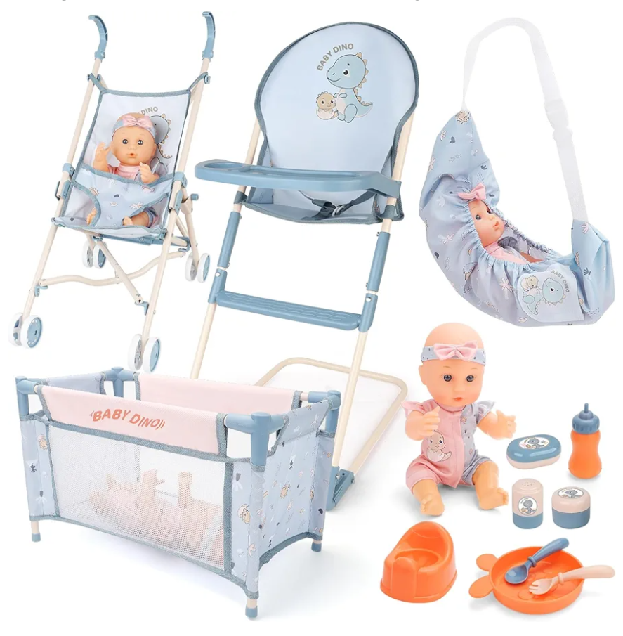 deAO Baby Doll Stroller Set 12" Baby Doll with Accessories Crib Bed High Chair, Nursery Role Play Set Toys Storage Bag,Foldable Storller, Pretend Play Birthday Gifts for Toddler Girls Boys