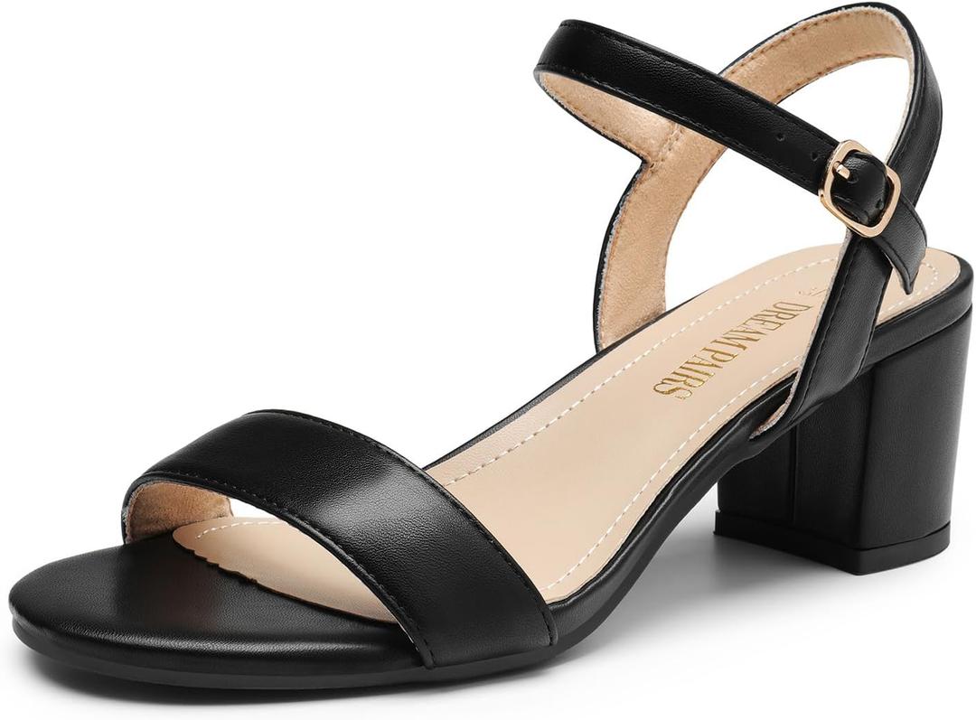 DREAM PAIRS Women's Low Heels Block Open Toe Ankle Strap Classic Short Chunky Sandals with Buckle for Daily Work Wedding Party (9 Wide, Black-pu)