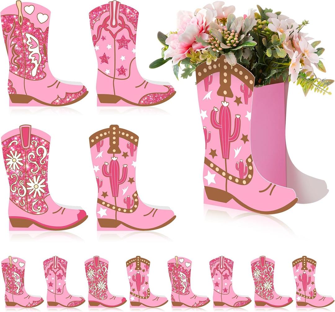 12 Set Western Cowgirl Boots Flower Boxes Centerpiece Boot Shape Gift Boxes Party Decoration Vase Centerpieces for Tables for Rodeo Birthday Baby Shower Wedding Supplies (Pink)