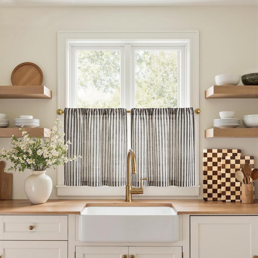 jinchan Striped Linen Kitchen Curtains 20 Inches Length Tier Curtains Farmhouse Modern Cafe Small Window Treatments Airy Light Filtering Rod Pocket for Living Room Bathroom 2 Panels Jet Black