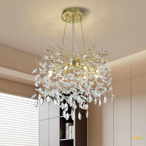 Modern Crystal Tree Branches Chandelier, 18in Gold 6 Lights Large Ceiling Hanging Light for Dining Room, Round Raindrop Pendant Light Fixture
