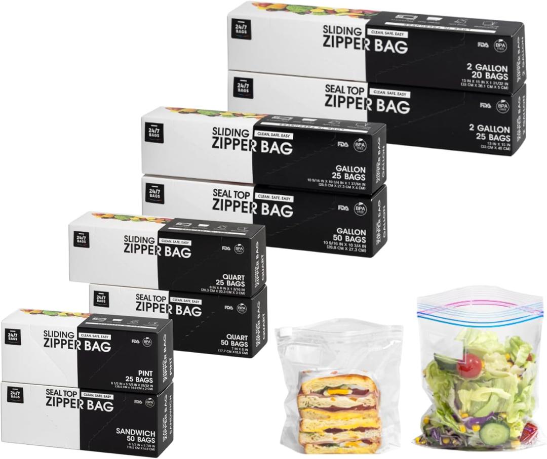 Multi-Variety Pack Slider & Seal Top Zipper Food Storage Bags, 270 Count, Featuring 2 Gallon Size, Zero BPA & Microwave-Safe (8 Boxes, 8 Sizes)