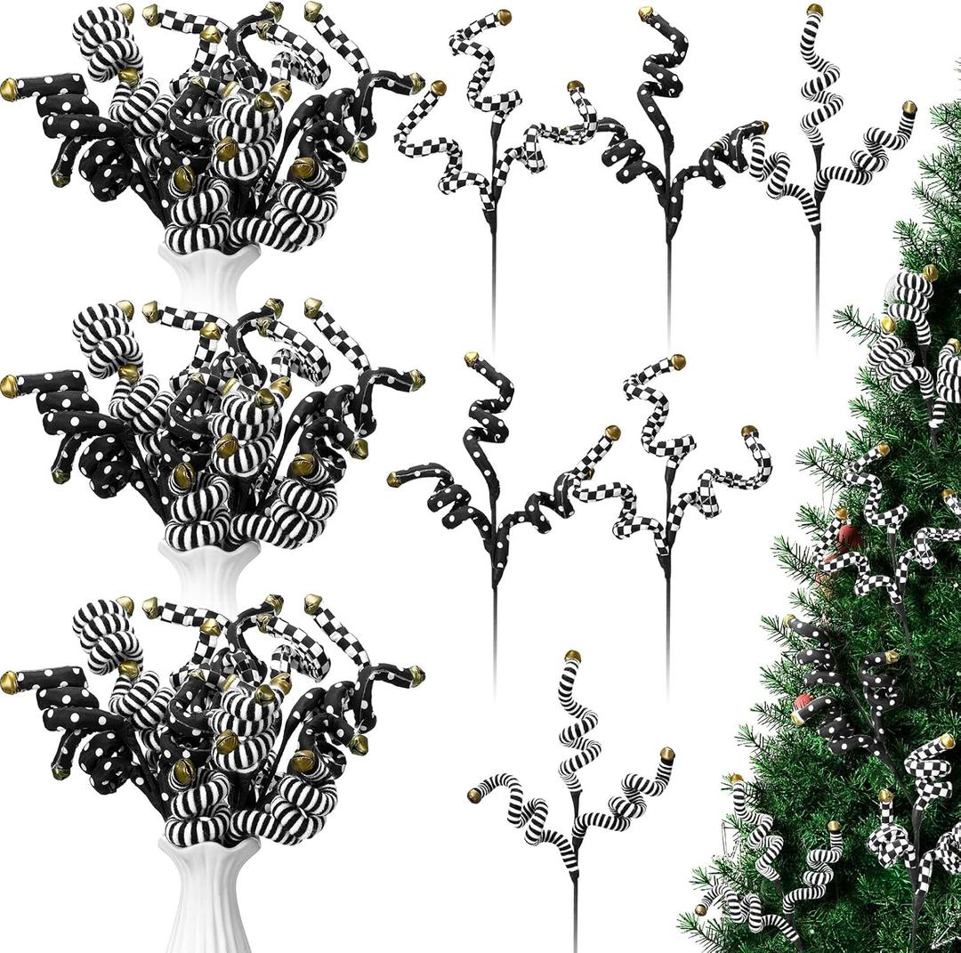 6 Pcs Christmas Tree Picks Black and White Christmas Ornaments Woolen Bells Curly Picks Xmas Branches Xmas Halloween Decoration Home Office Party Ornaments