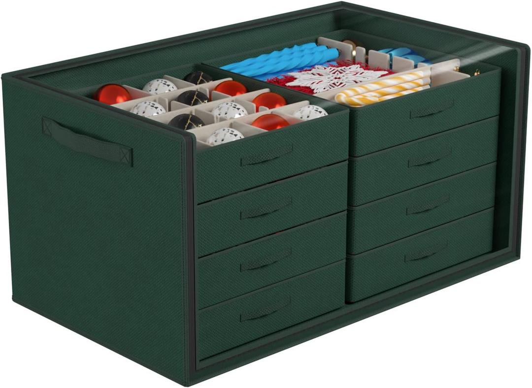Dicasser Christmas Ornament Storage with 8 Tray Dividers-Adjustable for 128-3 72-4 32-6 Holiday Ornaments, Fit Many Sizes Ornaments (Body Green-Cover Clear)