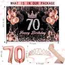Rose Gold 70th Birthday Decorations for Women - Backdrop, Sparkle Crown Sash, Happy 70th Birthday Banner, Cake Topper, 70 Number Balloons, Hanging Swirl Decorations - 70pcs
