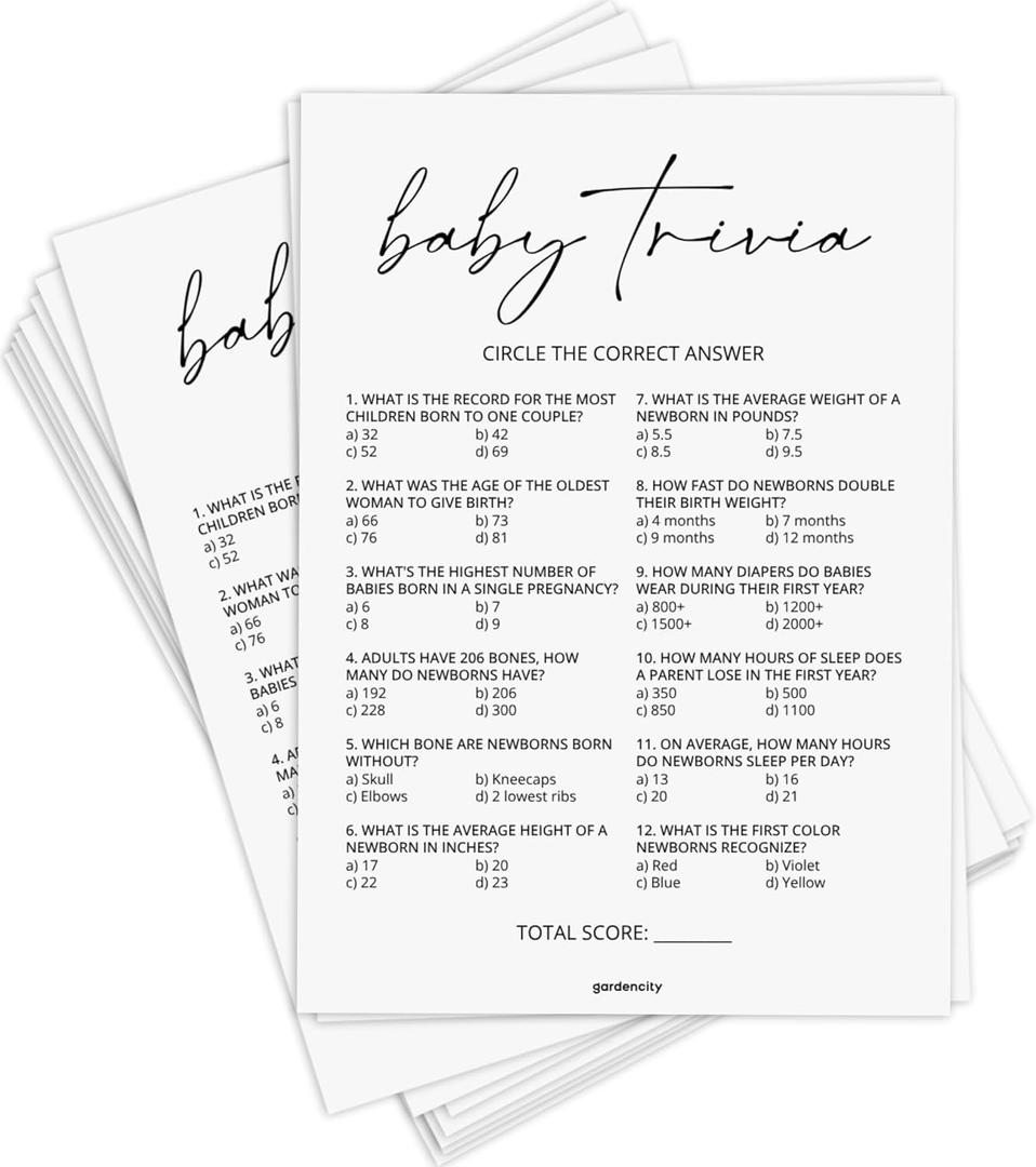 GardenCity Baby Trivia Baby Shower Game (50 Cards), Trivia Game Activity for Boy or Girl (Minimalist)
