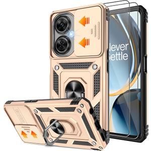 Gritup Fit for OnePlus Nord N30 5G Case with Slide Camera Cover & Screen Protector (2 Pack), Build in 360 Rotating Ring Kickstand [Military Grade] Protective Case for Nord N30 5g Case, Gold