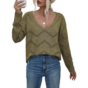 EVALESS Women's Crochet Sweater Top Hollow Out Long Sleeve Pullover Tops Fall Outfits Fashion 2025 (Green, XXL)