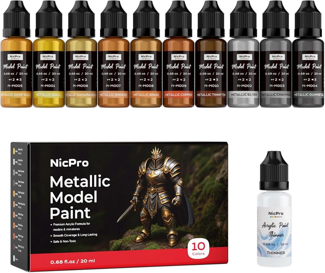 Nicpro 10 Colors Metallic Model Paint Set, 20ml Ready to Use Modeling Acrylic Paints, Brush & Airbrush Compatible, Miniature Paint Set for Beginner & Pro on Model, Scale Figure, Crafts, with 1 Thinner
