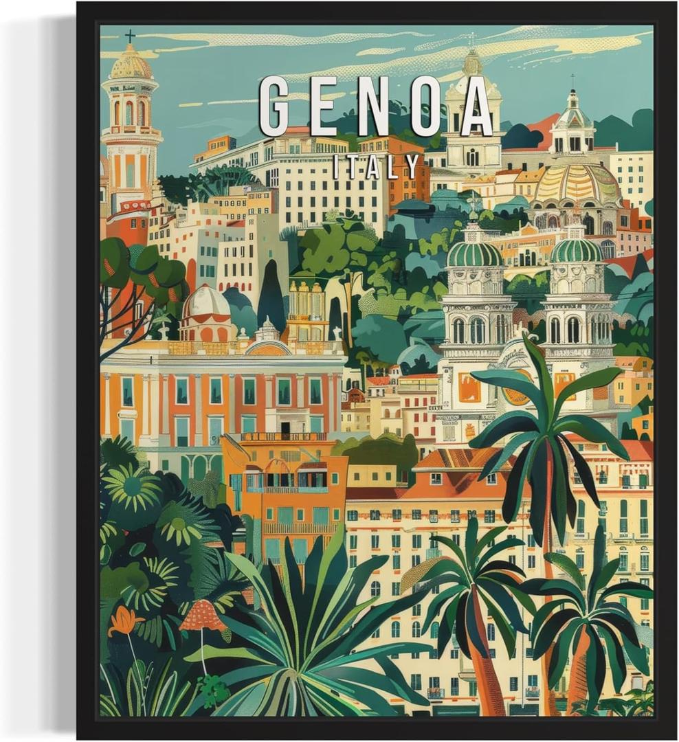 2 x Genoa Italy Art Print Poster, Europe City Skyline Artwork Painting Wall Art Vintage Painting for Bedroom Bathroom Living Room Decor 53 (Genoa Italy, 8 x 10 inches, Unframed)