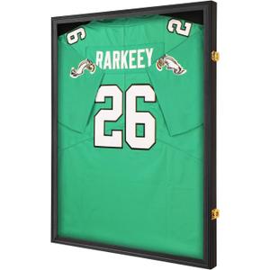 Jersey Frame Display Case for Wall ,Large Lockable T-Shirt Shadow Box with Clear UV Protection Acrylic & Hangers for Football Basketball Baseball Soccer Hockey, Matte Black 1 Pack