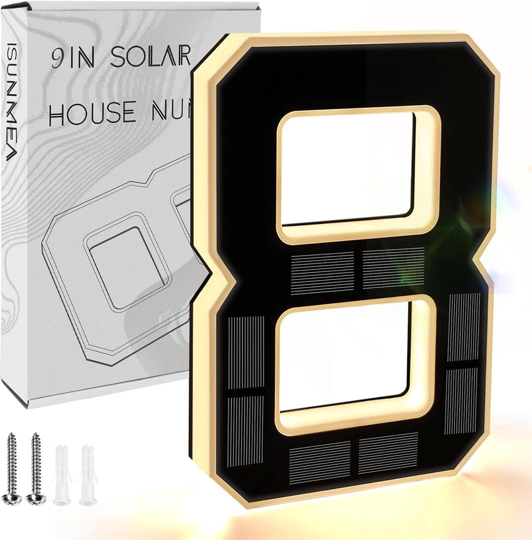 ISUNMEA 9 Inch Solar Lighted House Numbers for Outside, Light Up Waterproof LED Address Numbers Signs for Houses, Large Personalized Illuminated Exterior Modern House Numbers Light (8-Black, 9IN)