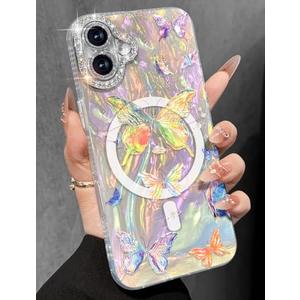 Toycamp for iPhone 17 Case - Compatible with Magsafe Women Girls Aesthetic Cute Girly Kawaii Butterfly Unique Design Laser Bling Lens Protector Magenetic Funda for Apple 17 Phone Cover