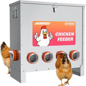 JASDEGO Metal Chicken Feeder No Waste 10 Ports Automatic Poultry Feeder Large Capacity 85 Pounds with Latch & Handle for Chickens Bantams Pheasants Poultry Coop Weatherproof