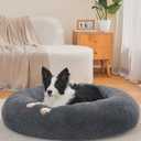 OhGeni Calming Donut Dog Bed Pillow for Large Pets, Machine Washable Removable Cover, Comfort Plush Fluffy Faux Fur with Anti-Slip Bottom, Cats-Friendly Round Cuddly Design, Gray, 36 inches (Large (36 x 36 x 8 Inch))