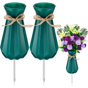 Qinyoung 2 Pcs Cemetery Vase for Grave with Metal Spikes Headstones Memorial Flower Holder Durable Plastic Grave Vases Outdoor Cemetery Decoration for Memorial Gifts Loss of Loved One(Green)
