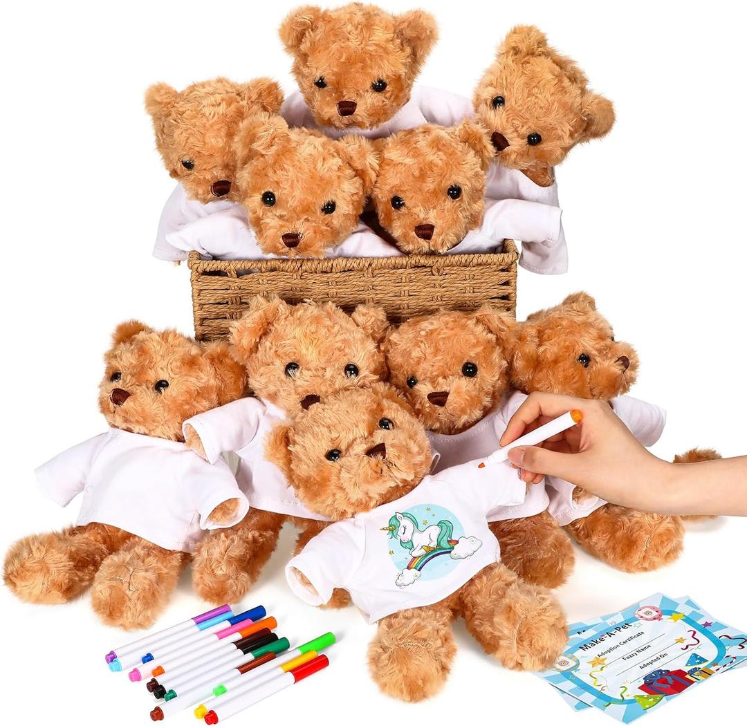 40 Pcs Make Your Own Stuffed Animal Bear Kit DIY 2026 Graduation Plush Gift 10 Pcs 9.84 Inches Rose Velvet Bear 10 White T Shirt 10 Set 12 Color Pen and Card for Graduates Party Craft Gift (Brown)