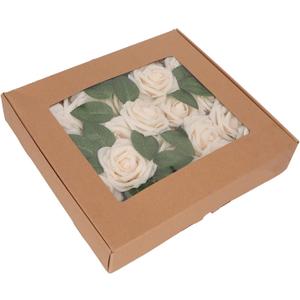 Artificial Flowers, 25pcs Real Looking Fake Rose with Stems Leaves, Foam Rose, Soft Fake Roses for Party Wedding Decoration, Centerpieces Arrangements Party (Champagne)
