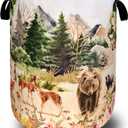 Watercolor Animals Laundry Hamper With Handles Foldable Oxford Cloth Animal Bear Deer Tote Bag Funny Laundry Basket Clothes Toy Storage Bucket Men Women 18.9" x 16.5" For Bathroom/Laundry/Bedroom