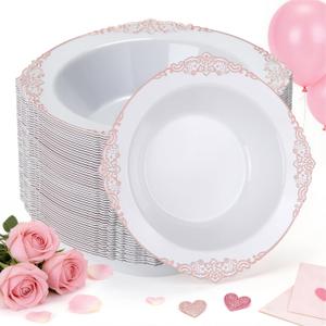 Bestluck 100 Pack White Plastic Bowls with Rose Gold Relief Rim, 12oz Plastic Salad Bowl, Disposable Bowls for Party, Dinners, Weddings, Christmas, Thanksgiving, Valentine's Day