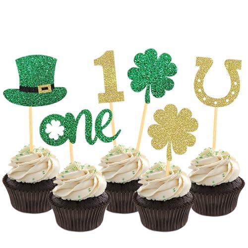 24 Pcs St Patrick's Day 1st Birthday Cupcake Toppers Baby Shower for St Patrick's Day Party Decorations, Four Leaf Clover One Cupcake Toppers for First Birthday Party Decorations (1st Birthday)