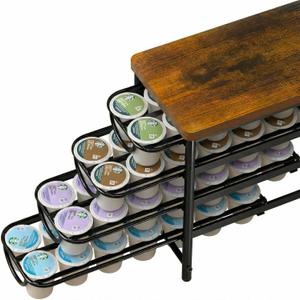 HFHOME Coffee Pod Holder with Wooden Top, Compatible with K-Cups, 4-Tier Coffee Capsule Storage Drawer, 56 Capacity Pods Organizer for Kitchen Counter, Home, Office, Black