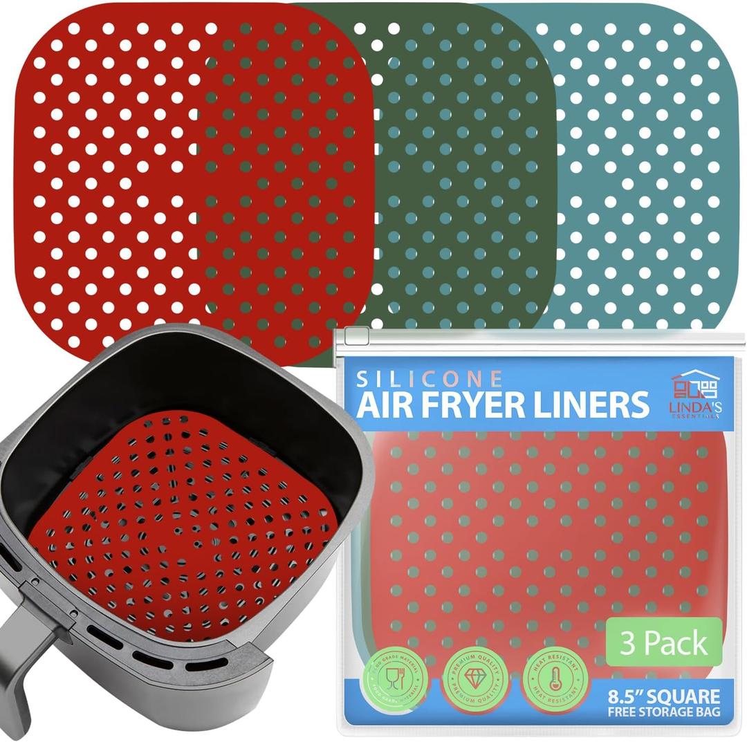 Reusable Square Silicone Air Fryer Liners (8.5 Inch, 3 Pack) by Lindas Essentials - Non-Stick, Easy-Clean Accessories with Cheat Sheet & Recipe Book, Perfect for Quick Meals