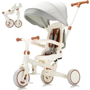 AOPEC 7-in-1 Toddler Tricycle with Parent Push Handle & Canopy, Fully Foldable & Adjustable Stroller, Balance and Pedal Bike for Kids 18 Months to 5 Years,Beige