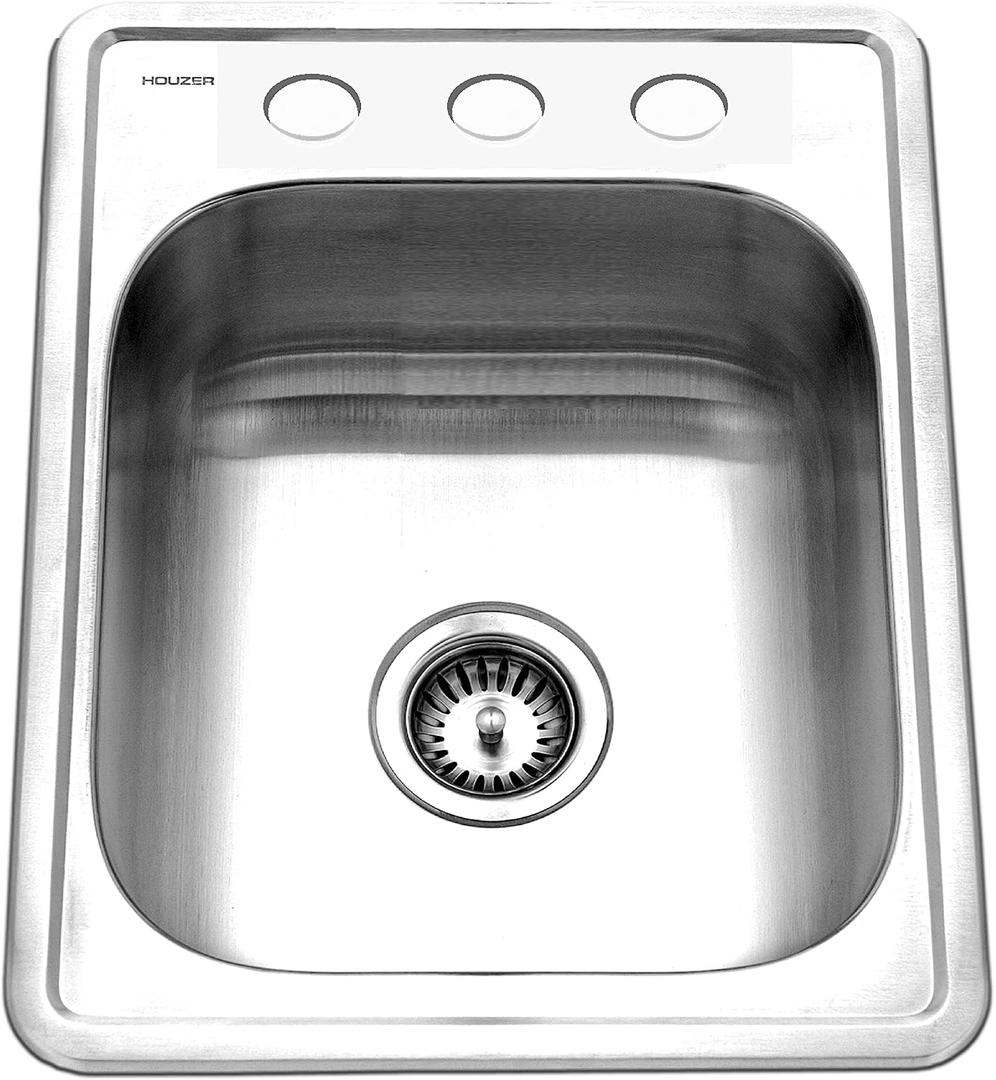 Houzer Glowtone ADA Compliant 17 inch Stainless Steel Topmount 3-hole Bar Sink with Strainer- A1722-7BS-1, 1 Pack