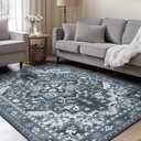 Rugflix 5x7 Area Rugs Machine Washable, Dark Navy Blue Carpet for Living Room, Oriental Indoor Area Rug Low Pile, Large Soft Thick Carpets Non Slip, Farmhouse Vintage Rug for Bedroom Dining Room