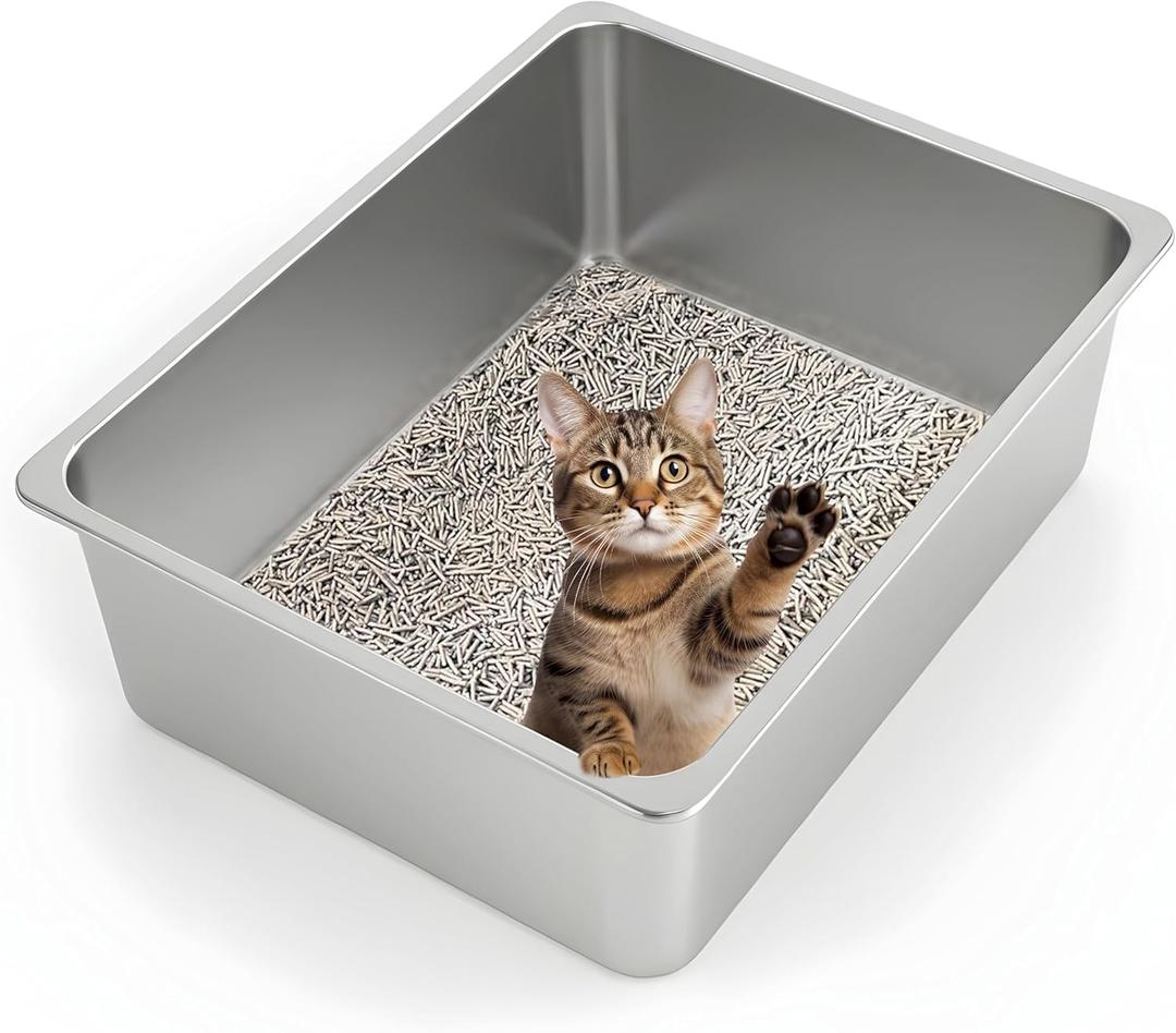 Kirecoo Stainless Steel Cat Litter Box XL- Metal High Sided Cat Pan, Large Stainless Steel Box, Indoor Litter Tray, Non Stick, No Smell, Easy to Clean, Pet Toilet Supplies for Kitten, Kitty, Rabbit (23.43" L x 15.55" W x 5.7" H)