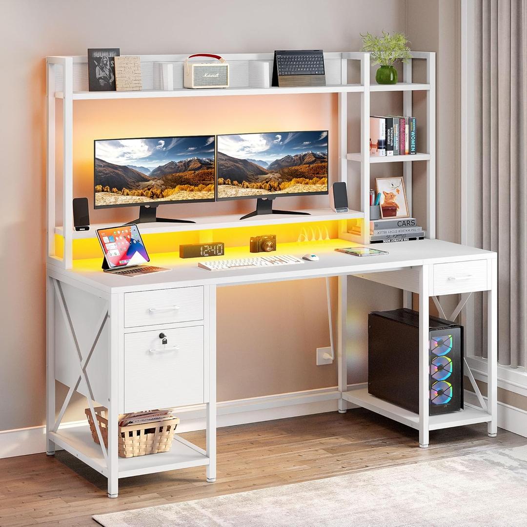 DWVO Computer Desk with Drawers & Hutch, 59.1" Office Desk with Power Outlets & LED Lights, Home Office Desk with Storage Shelves, White