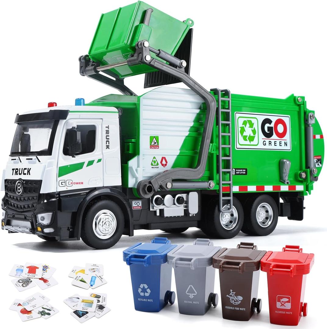 HOLYFUN 12'' Electric Garbage Truck Set with Front Loader/Metal Cab, Friction-Powered Recycling Vehicle with Dumpster, 4 Trash Bins & Sorting Cards, Trash Truck Toy with Lights/Sounds for Kids