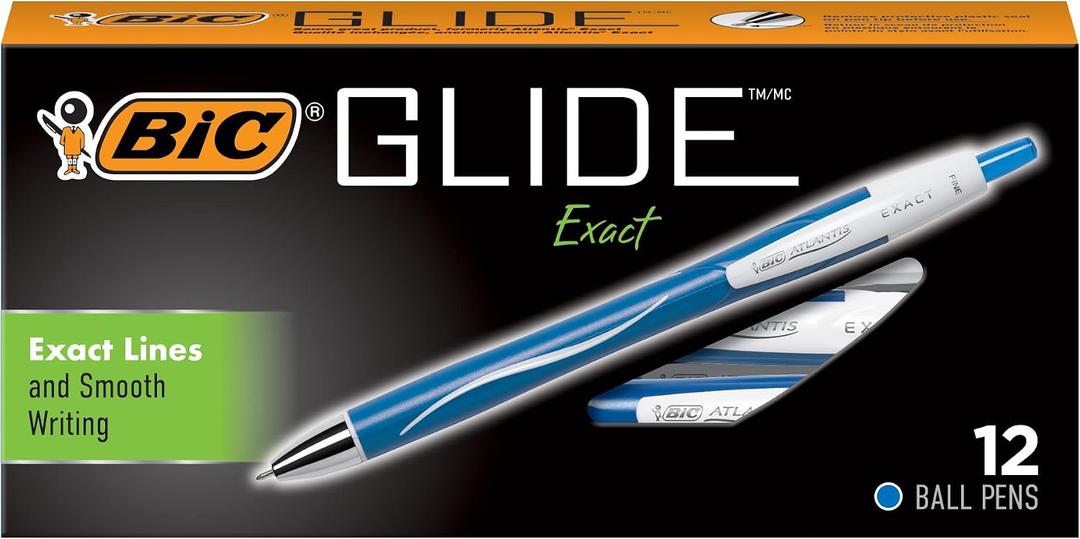 BIC Glide Exact Blue Retractable Ballpoint Pens, Fine Point (0.7mm), 12-Count Pack, Ultra Smooth Writing Blue Pens